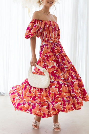 Orange Printed Off The Shoulder Puff Sleeves Long Summer Dress